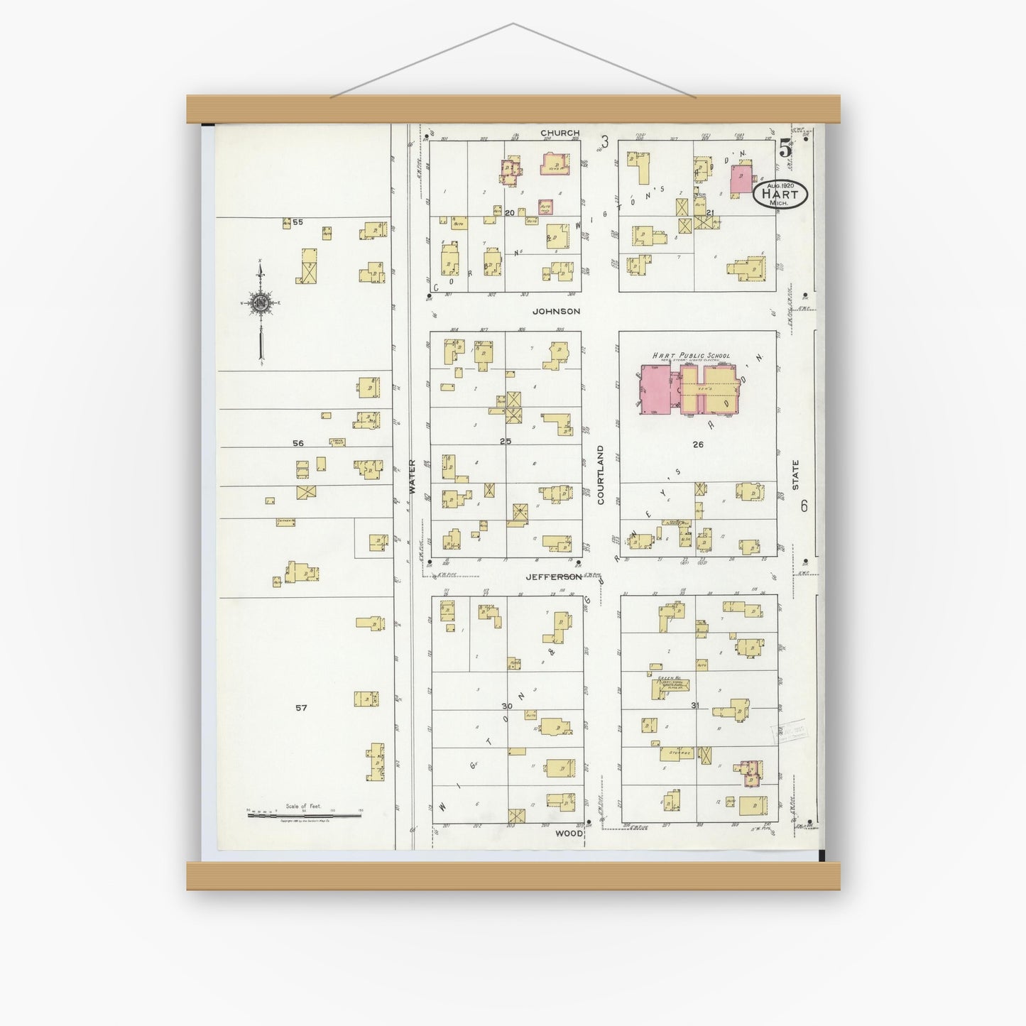 Old map wall art mockup — magnetic wood frame on white wall — Sanborn Fire Insurance Map from Hart, Oceana County, Michigan (1920), Sheet #0005