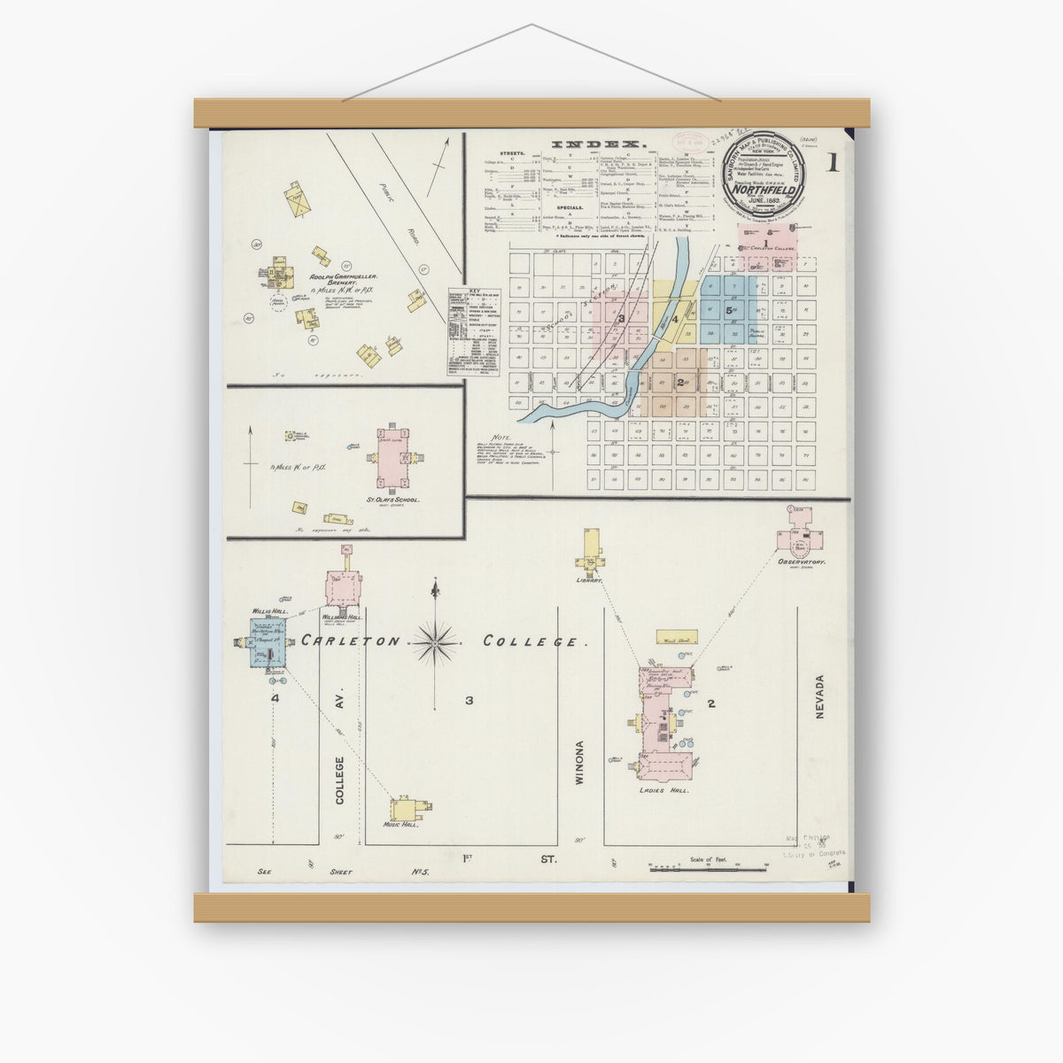 Old map wall art mockup — magnetic wood frame on white wall — Sanborn Fire Insurance Map from Northfield, Rice County, Minnesota (1889), Sheet #0001