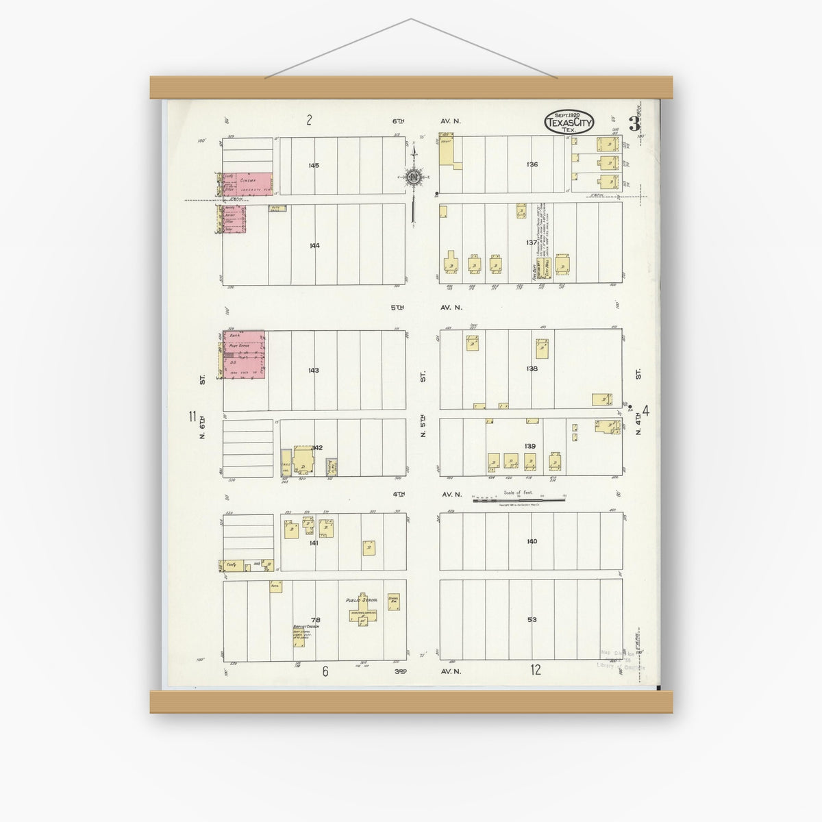 Old map wall art mockup — magnetic wood frame on white wall — Sanborn Fire Insurance Map from Texas City, Galveston County, Texas (1920), Sheet #0003
