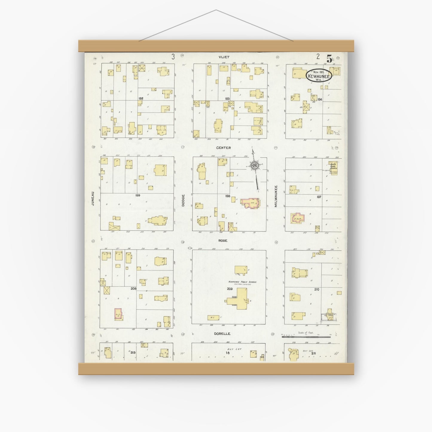 Old map wall art mockup — magnetic wood frame on white wall — Sanborn Fire Insurance Map from Kewaunee, Kewaunee County, Wisconsin (1911), Sheet #0005