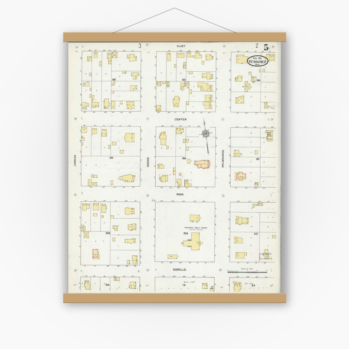 Old map wall art mockup — magnetic wood frame on white wall — Sanborn Fire Insurance Map from Kewaunee, Kewaunee County, Wisconsin (1911), Sheet #0005