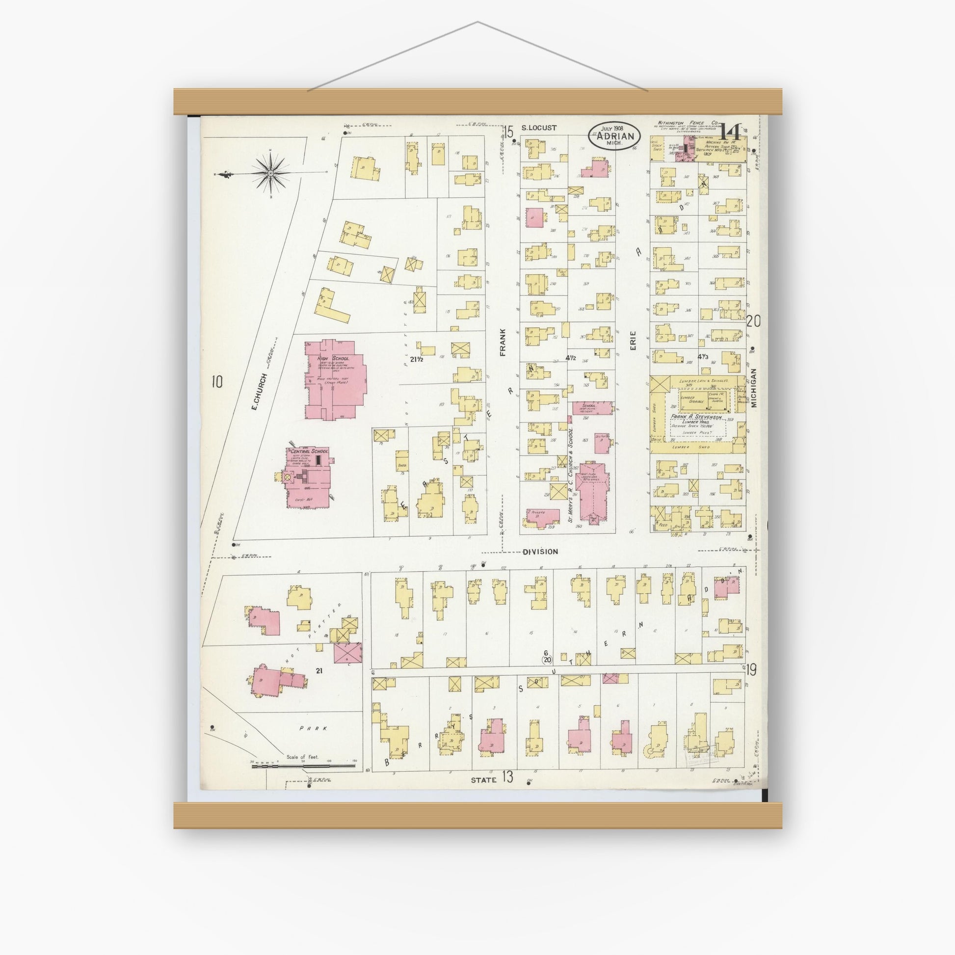 Old map wall art mockup — magnetic wood frame on white wall — Sanborn Fire Insurance Map from Adrian, Lenawee County, Michigan (1908), Sheet #0014