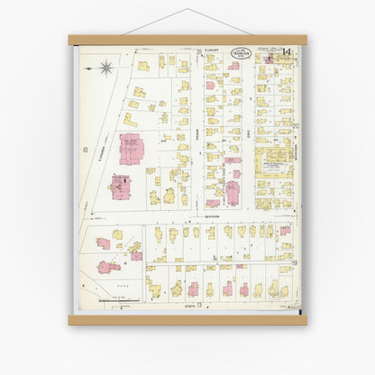 Old map wall art mockup — magnetic wood frame on white wall — Sanborn Fire Insurance Map from Adrian, Lenawee County, Michigan (1908), Sheet #0014