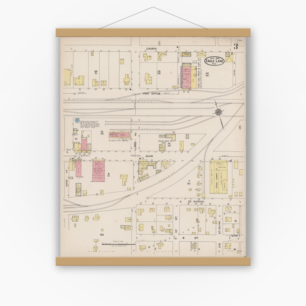 Old map wall art mockup — magnetic wood frame on white wall — Sanborn Fire Insurance Map from Eagle Lake, Colorado County, Texas (1922), Sheet #0003