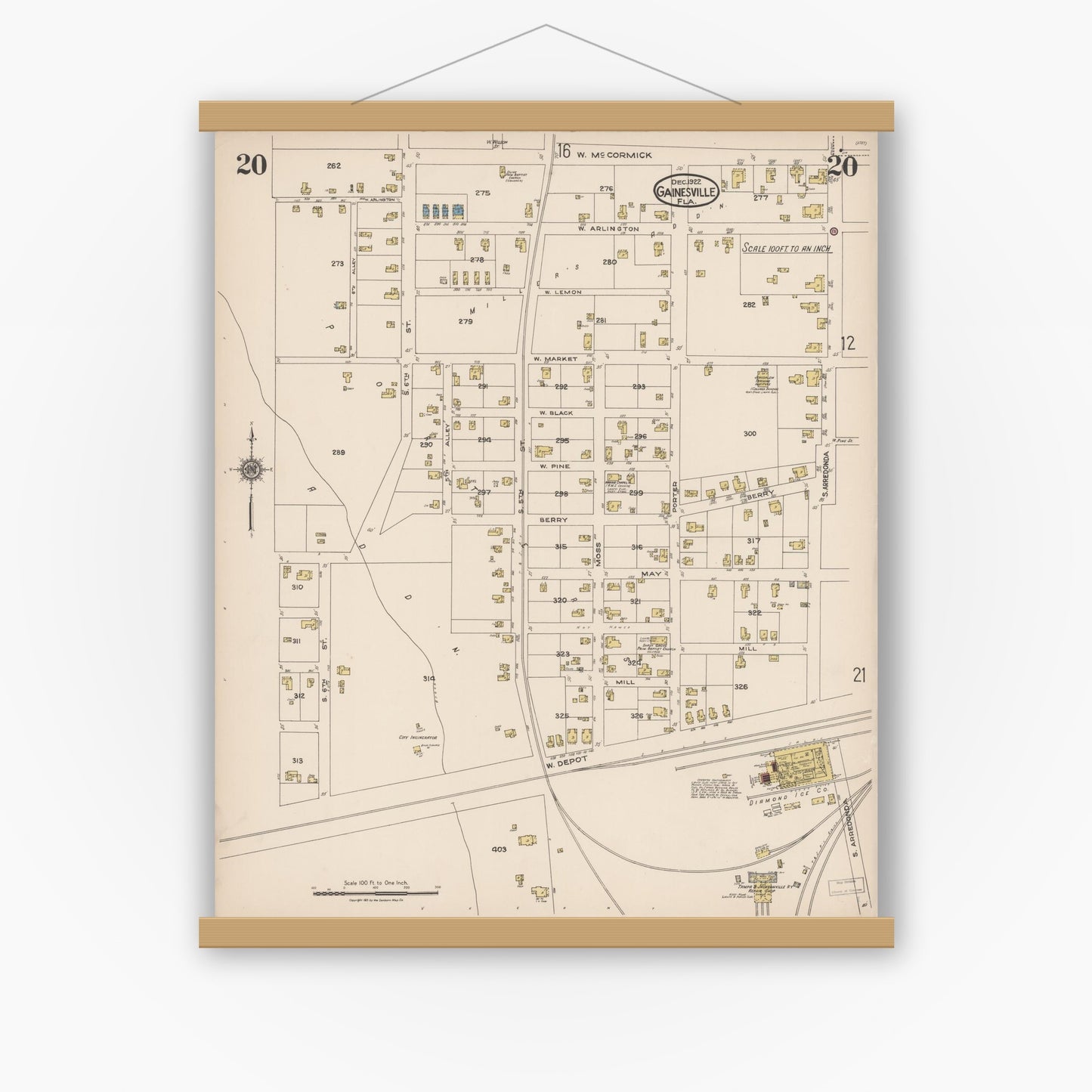 Old map wall art mockup — magnetic wood frame on white wall — Sanborn Fire Insurance Map from Gainesville, Alachua County, Florida (1922), Sheet #0020
