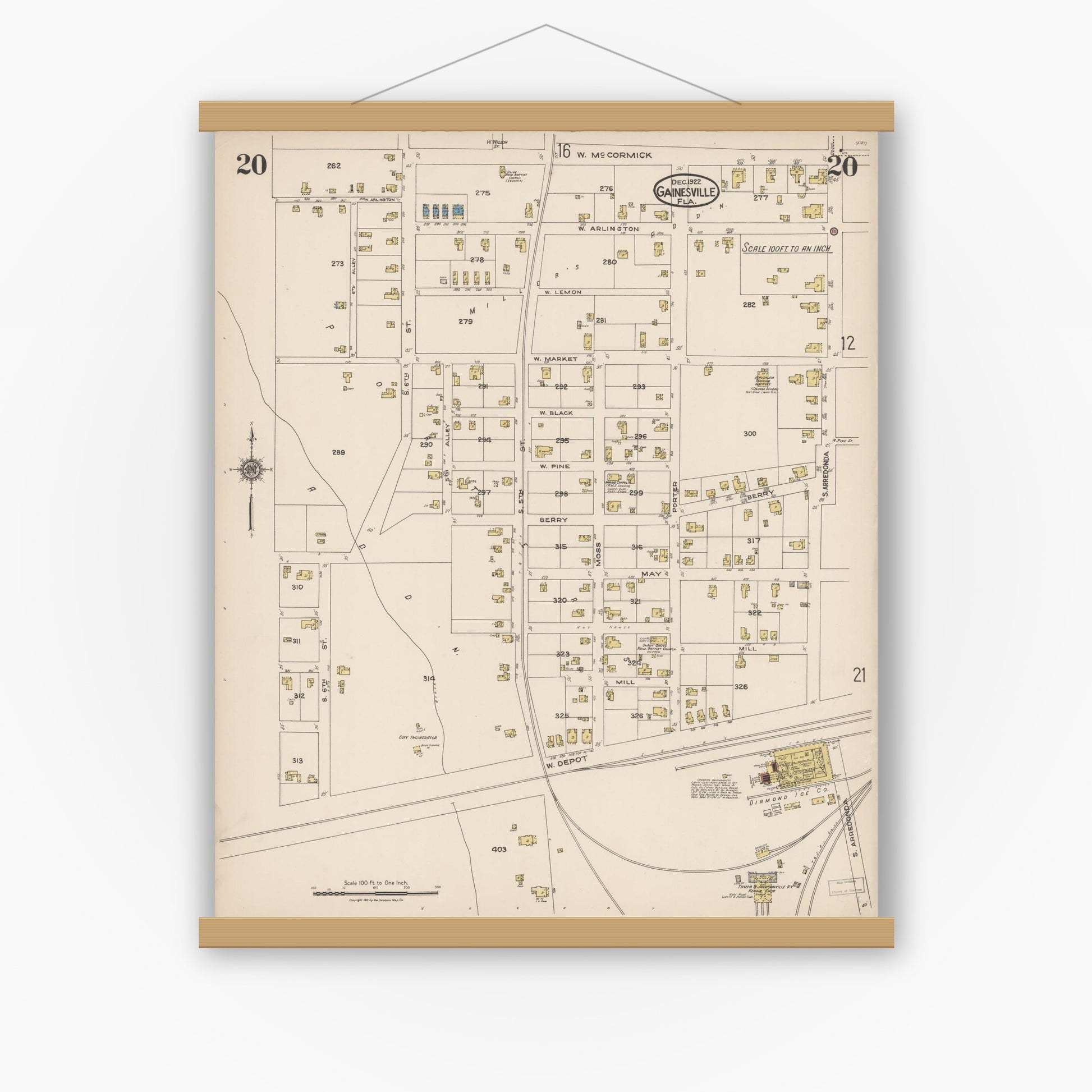 Old map wall art mockup — magnetic wood frame on white wall — Sanborn Fire Insurance Map from Gainesville, Alachua County, Florida (1922), Sheet #0020