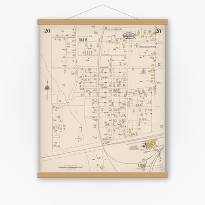 Old map wall art mockup — magnetic wood frame on white wall — Sanborn Fire Insurance Map from Gainesville, Alachua County, Florida (1922), Sheet #0020