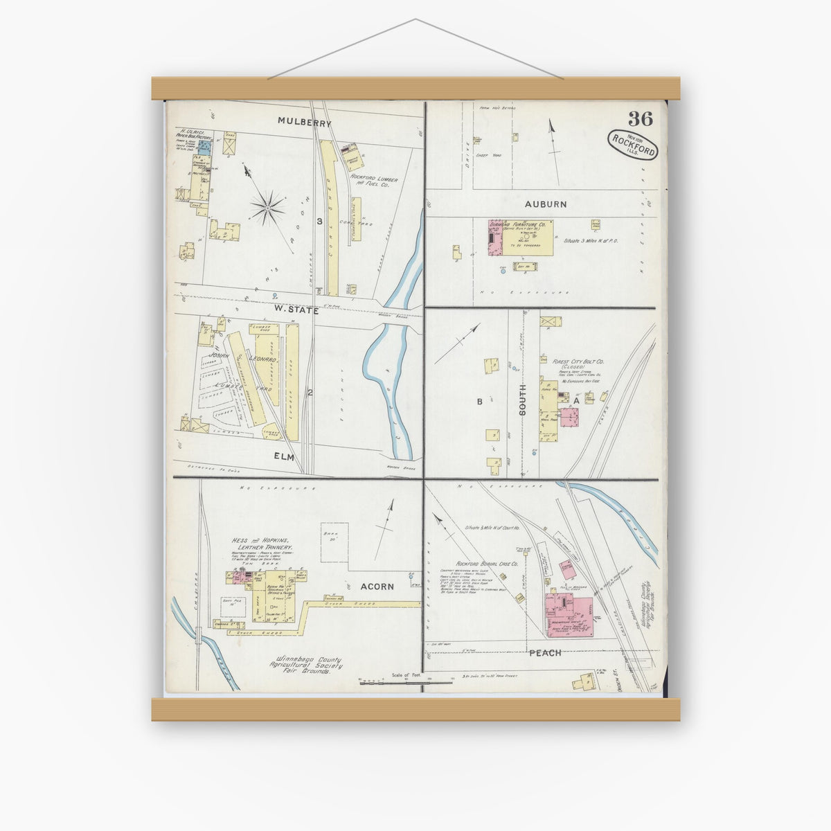 Old map wall art mockup — magnetic wood frame on white wall — Sanborn Fire Insurance Map from Rockford, Winnebago County, Illinois (1891), Sheet #0036