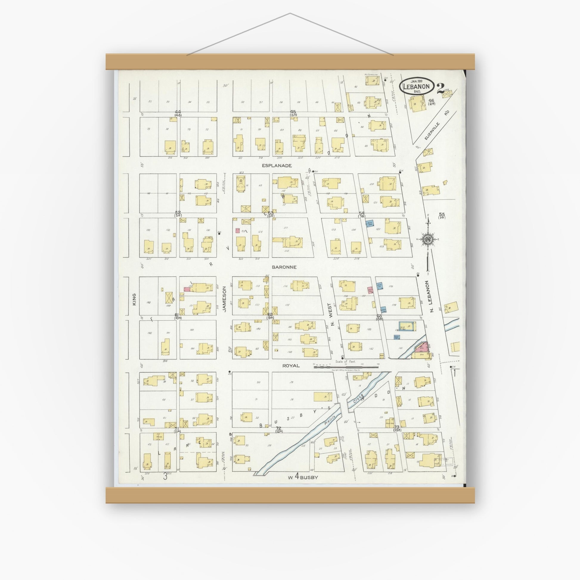 Old map wall art mockup — magnetic wood frame on white wall — Sanborn Fire Insurance Map from Lebanon, Boone County, Indiana (1919), Sheet #0002