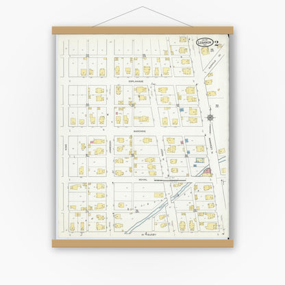 Old map wall art mockup — magnetic wood frame on white wall — Sanborn Fire Insurance Map from Lebanon, Boone County, Indiana (1919), Sheet #0002