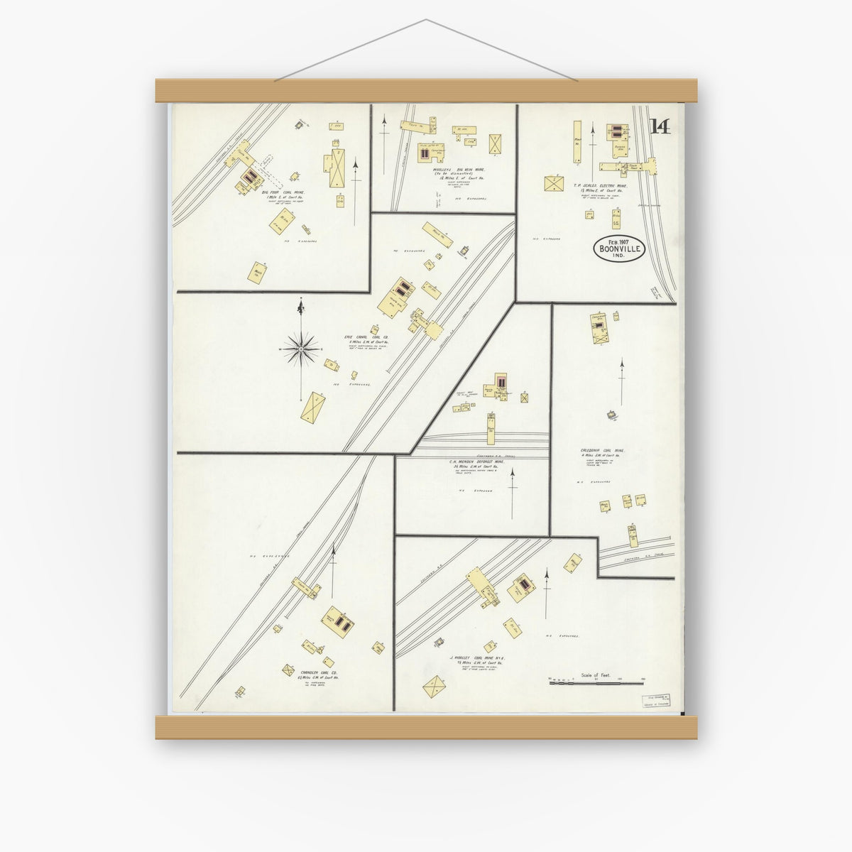 Old map wall art mockup — magnetic wood frame on white wall — Sanborn Fire Insurance Map from Boonville, Warrick County, Indiana (1907), Sheet #0014