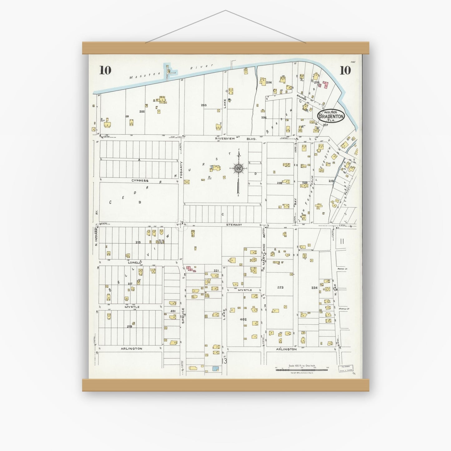 Old map wall art mockup — magnetic wood frame on white wall — Sanborn Fire Insurance Map from Bradentown, Manatee County, Florida (1926), Sheet #0010
