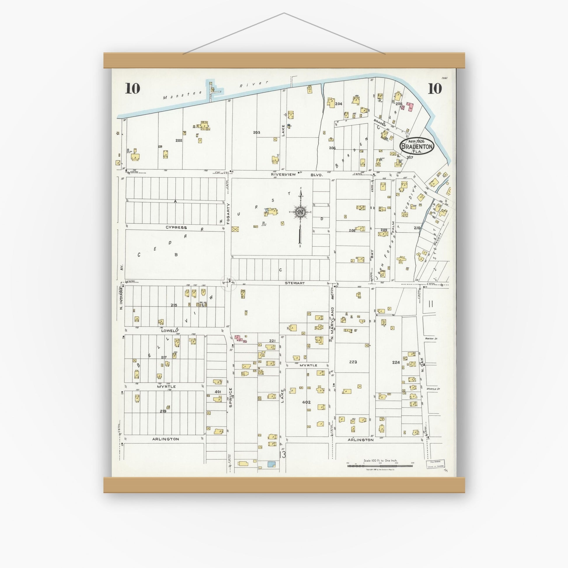 Old map wall art mockup — magnetic wood frame on white wall — Sanborn Fire Insurance Map from Bradentown, Manatee County, Florida (1926), Sheet #0010
