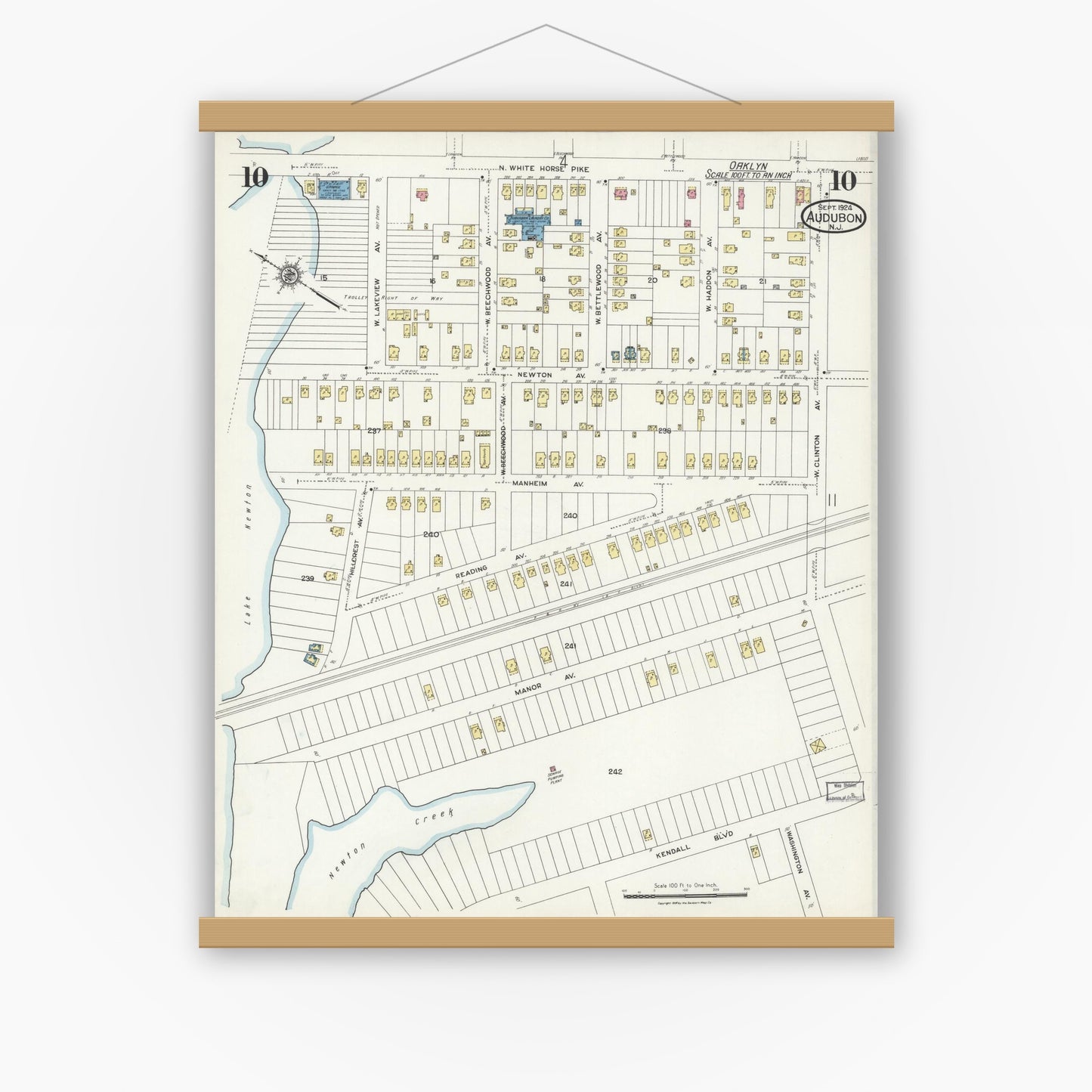 Old map wall art mockup — magnetic wood frame on white wall — Sanborn Fire Insurance Map from Audubon, Camden County, New Jersey (1924), Sheet #0010