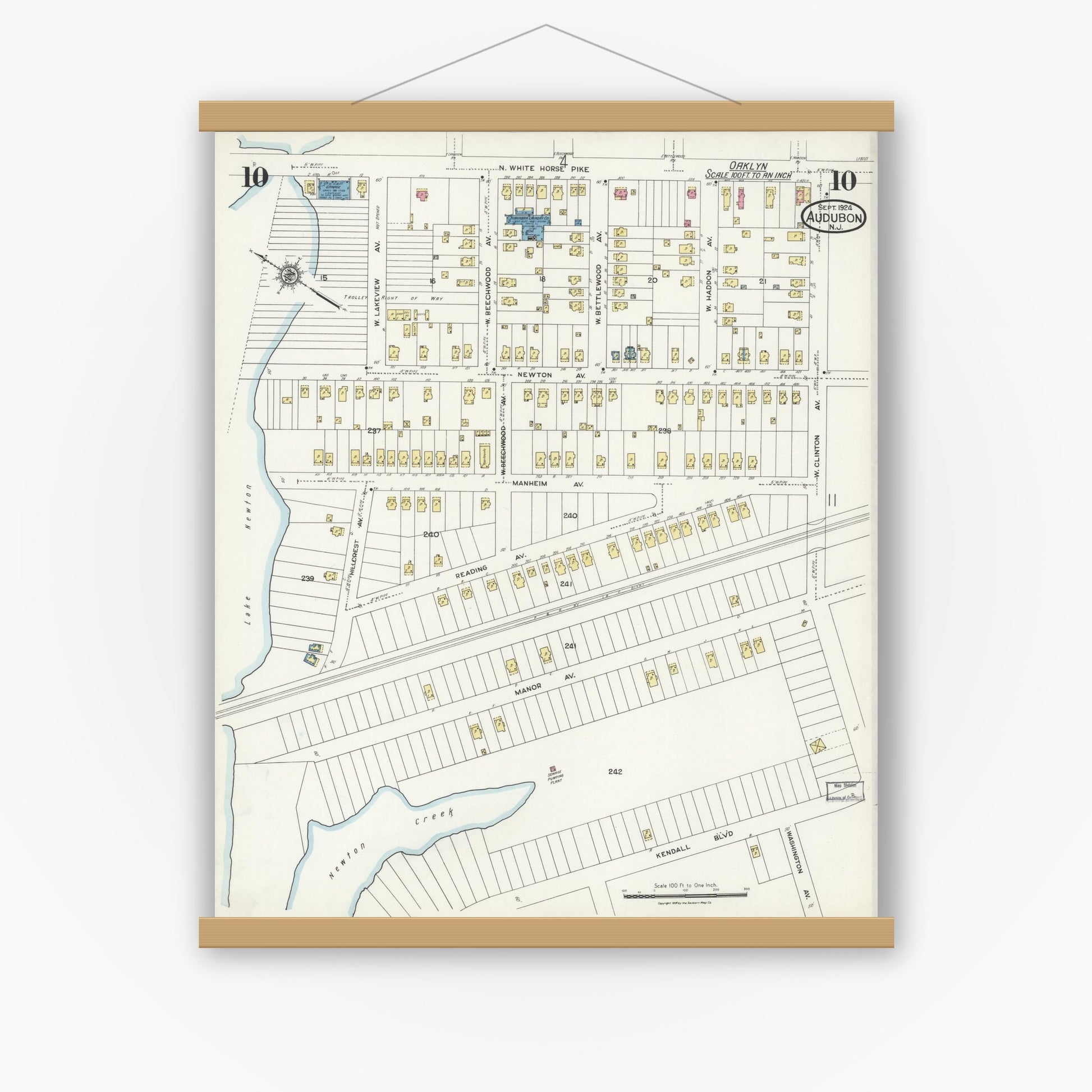 Old map wall art mockup — magnetic wood frame on white wall — Sanborn Fire Insurance Map from Audubon, Camden County, New Jersey (1924), Sheet #0010