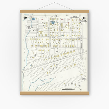 Old map wall art mockup — magnetic wood frame on white wall — Sanborn Fire Insurance Map from Audubon, Camden County, New Jersey (1924), Sheet #0010
