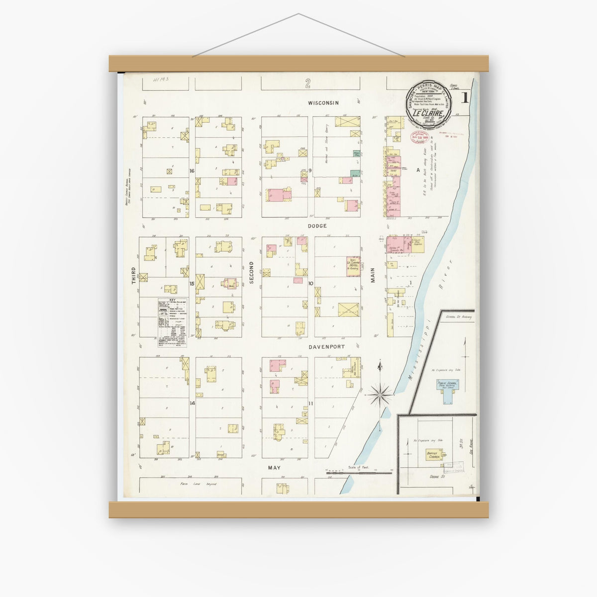 Old map wall art mockup — magnetic wood frame on white wall — Sanborn Fire Insurance Map from Le Claire, Scott County, Iowa (1895) â€” Complete Set