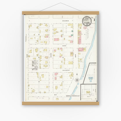 Old map wall art mockup — magnetic wood frame on white wall — Sanborn Fire Insurance Map from Le Claire, Scott County, Iowa (1895) â€” Complete Set