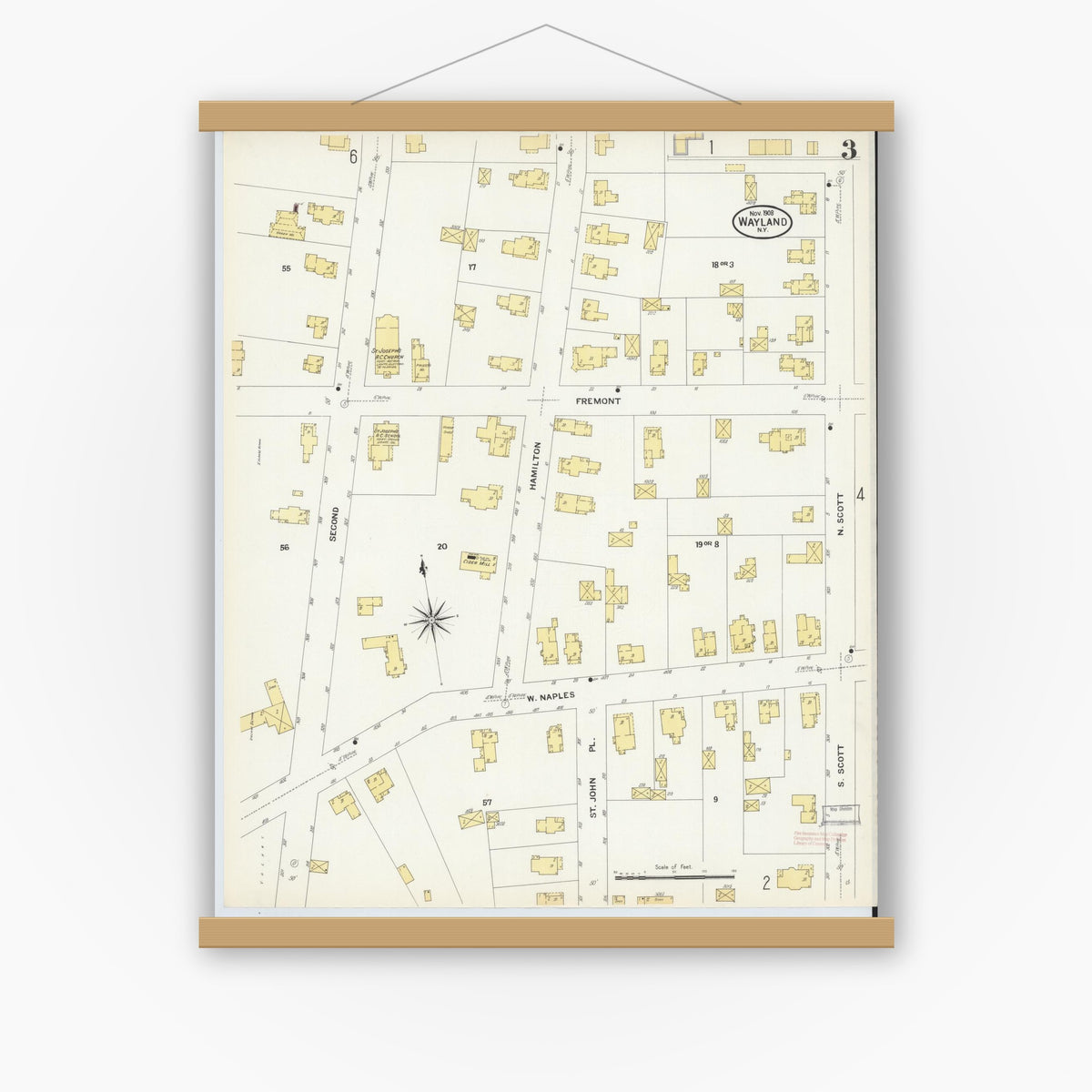 Old map wall art mockup — magnetic wood frame on white wall — Sanborn Fire Insurance Map from Wayland, Steuben County, New York (1908), Sheet #0003