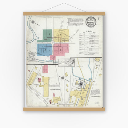 Old map wall art mockup — magnetic wood frame on white wall — Sanborn Fire Insurance Map from Murphy, Cherokee County, North Carolina (1921), Sheet #0001