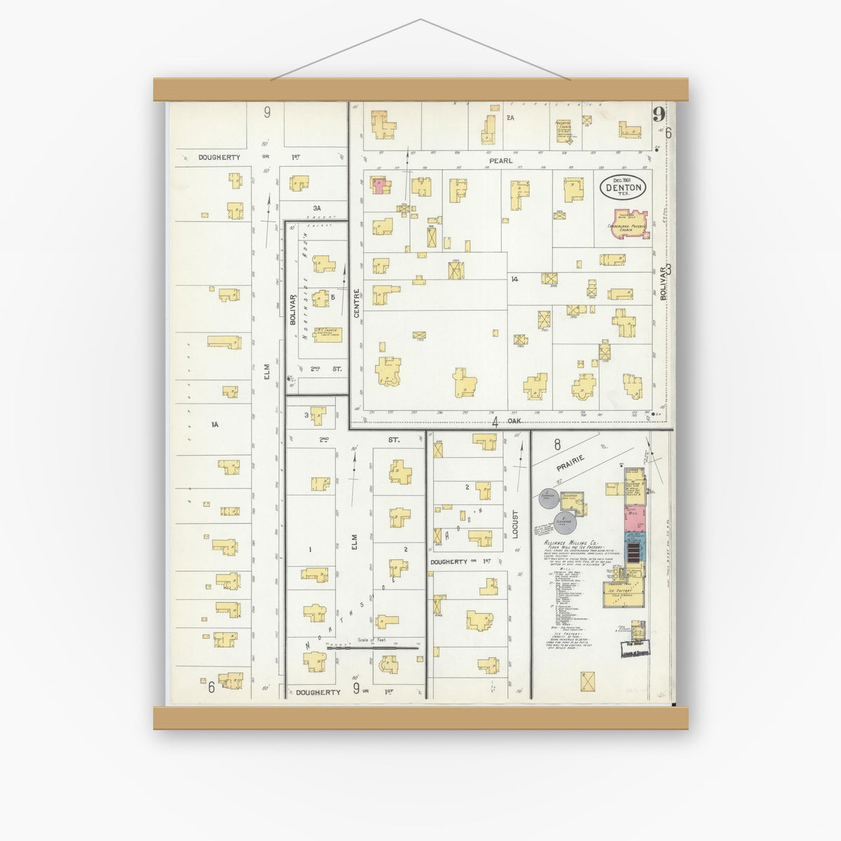 Old map wall art mockup — magnetic wood frame on white wall — Sanborn Fire Insurance Map from Denton, Denton County, Texas (1901), Sheet #0009