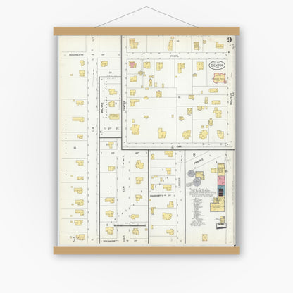 Old map wall art mockup — magnetic wood frame on white wall — Sanborn Fire Insurance Map from Denton, Denton County, Texas (1901), Sheet #0009