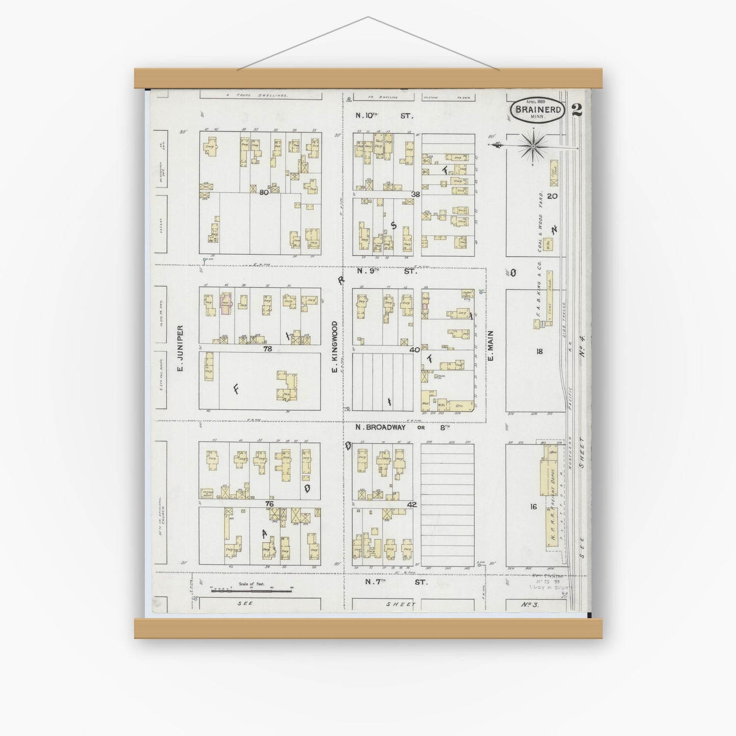 Old map wall art mockup — magnetic wood frame on white wall — Sanborn Fire Insurance Map from Brainerd, Crow Wing County, Minnesota (1889), Sheet #0002