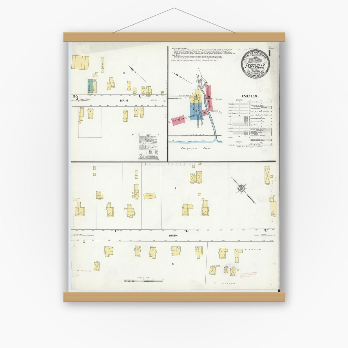 Old map wall art mockup — magnetic wood frame on white wall — Sanborn Fire Insurance Map from Portville, Cattaraugus County, New York (1909), Sheet #0001
