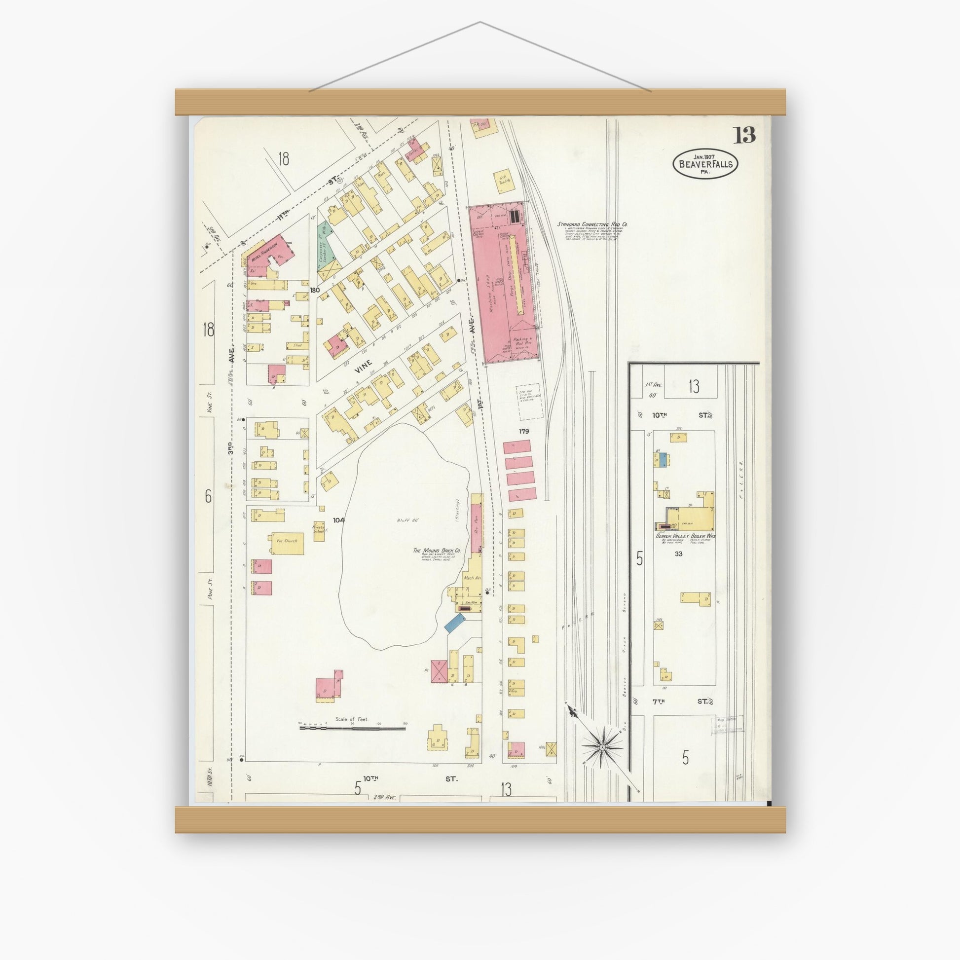Old map wall art mockup — magnetic wood frame on white wall — Sanborn Fire Insurance Map from Beaver Falls, Beaver County, Pennsylvania (1907), Sheet #0013