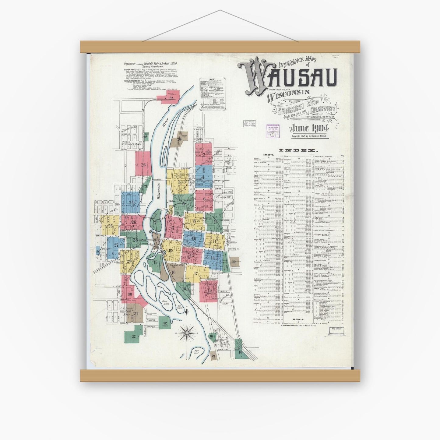 Old map wall art mockup — magnetic wood frame on white wall — Sanborn Fire Insurance Map from Wausau, Marathon County, Wisconsin (1904) - Complete Map Set