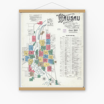 Old map wall art mockup — magnetic wood frame on white wall — Sanborn Fire Insurance Map from Wausau, Marathon County, Wisconsin (1904) - Complete Map Set