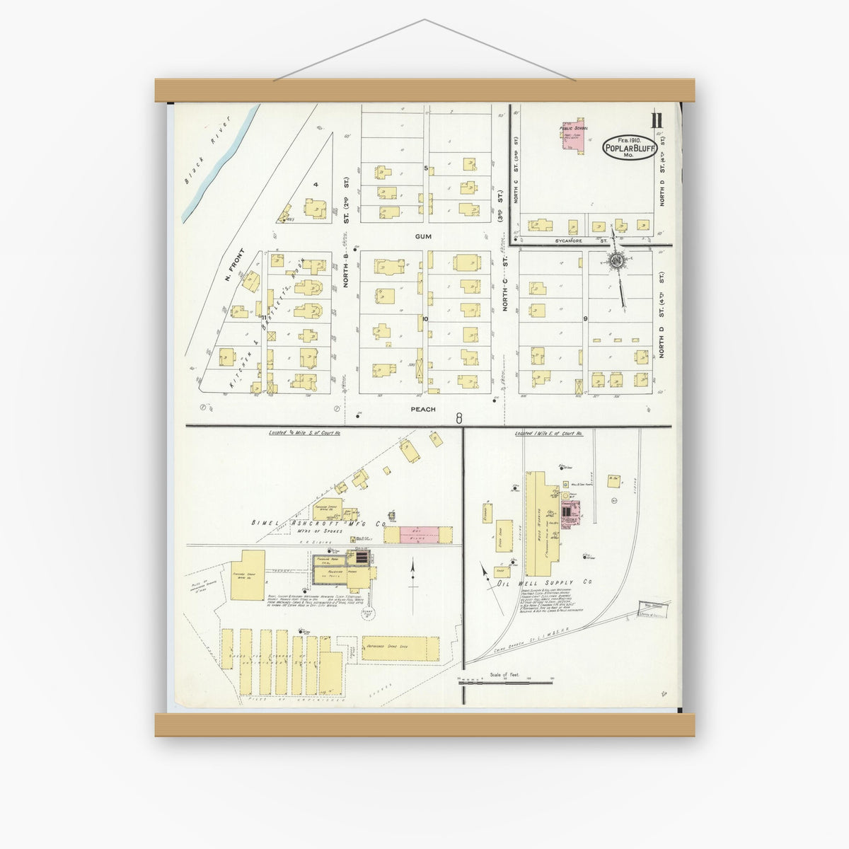 Old map wall art mockup — magnetic wood frame on white wall — Sanborn Fire Insurance Map from Poplar Bluff, Butler County, Missouri (1910), Sheet #0011