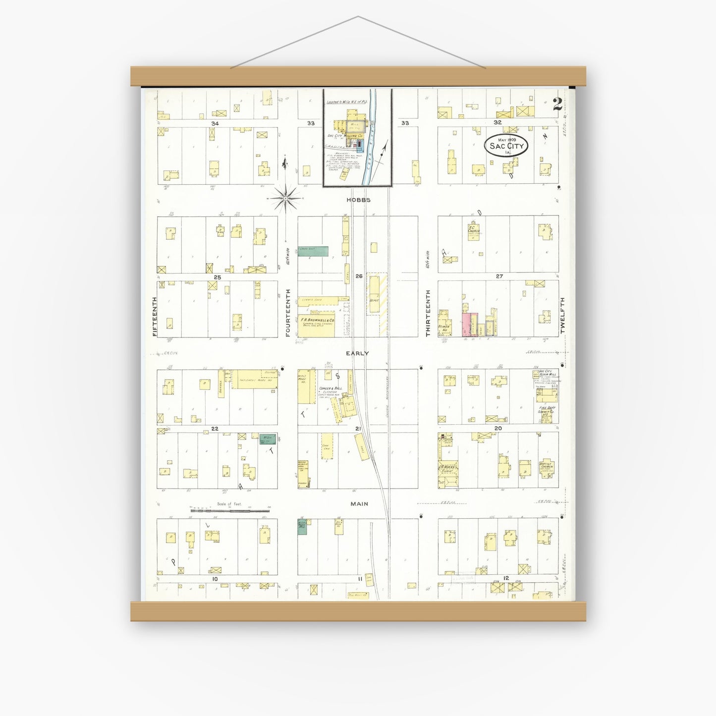 Old map wall art mockup — magnetic wood frame on white wall — Sanborn Fire Insurance Map from Sac City, Sac County, Iowa (1909), Sheet #0002