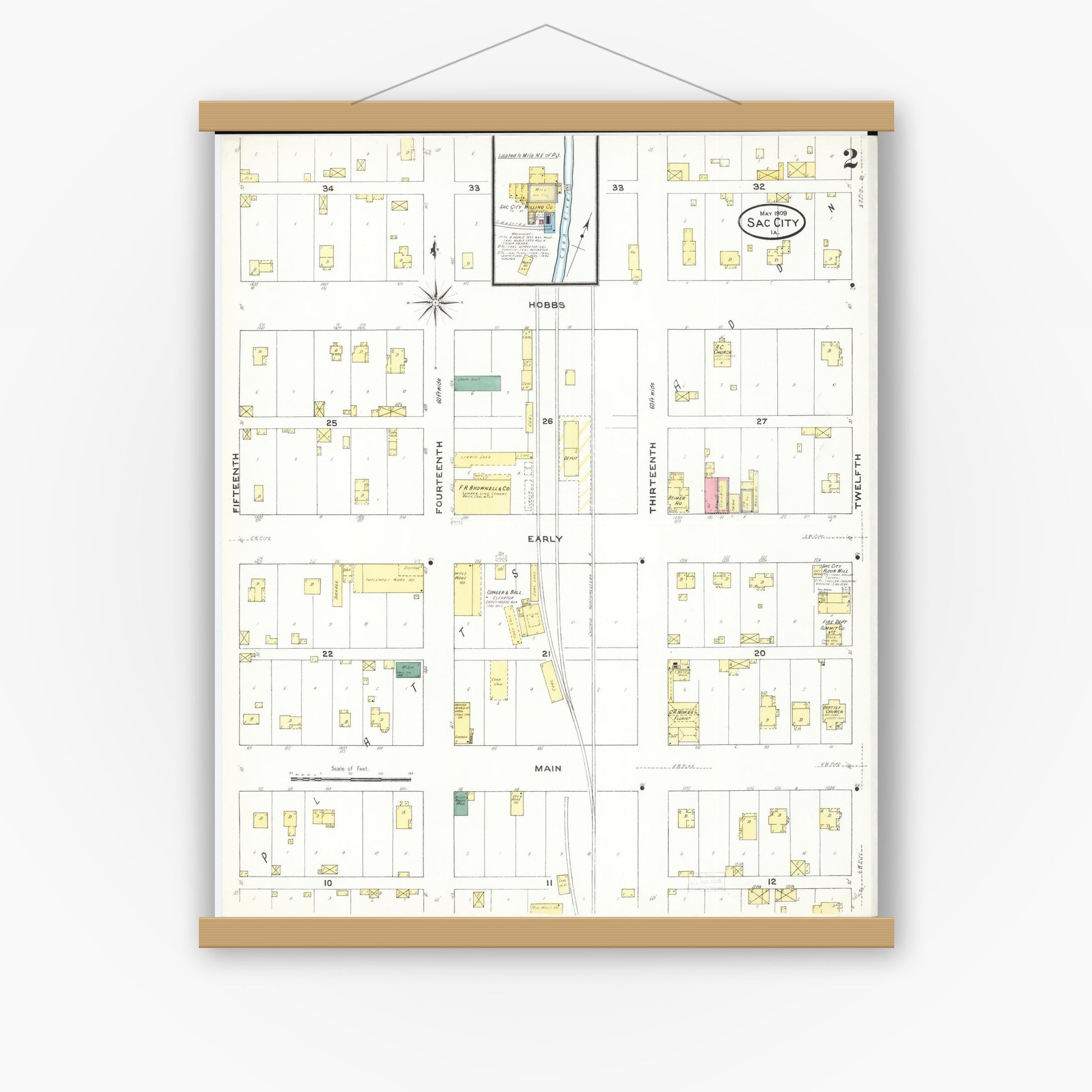 Old map wall art mockup — magnetic wood frame on white wall — Sanborn Fire Insurance Map from Sac City, Sac County, Iowa (1909), Sheet #0002
