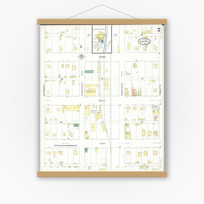 Old map wall art mockup — magnetic wood frame on white wall — Sanborn Fire Insurance Map from Sac City, Sac County, Iowa (1909), Sheet #0002