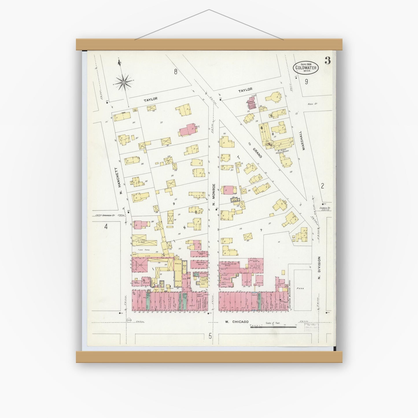Old map wall art mockup — magnetic wood frame on white wall — Sanborn Fire Insurance Map from Coldwater, Branch County, Michigan (1908), Sheet #0003