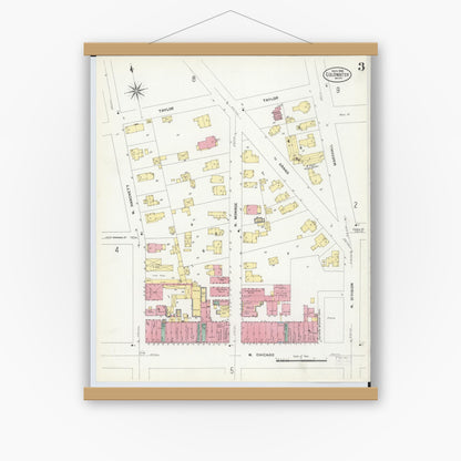 Old map wall art mockup — magnetic wood frame on white wall — Sanborn Fire Insurance Map from Coldwater, Branch County, Michigan (1908), Sheet #0003