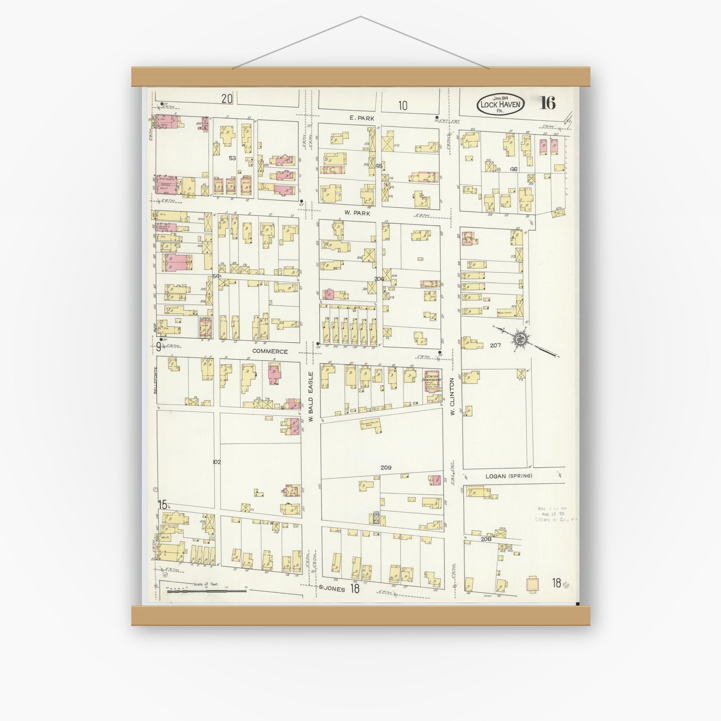 Old map wall art mockup — magnetic wood frame on white wall — Sanborn Fire Insurance Map from Lock Haven, Clinton County, Pennsylvania (1914), Sheet #0016