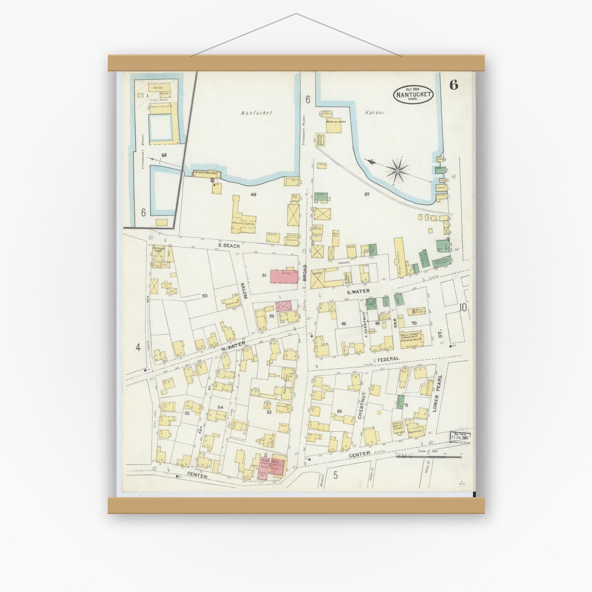 Old map wall art mockup — magnetic wood frame on white wall — Sanborn Fire Insurance Map from Nantucket, Nantucket County, Massachusetts (1904), Sheet #0006