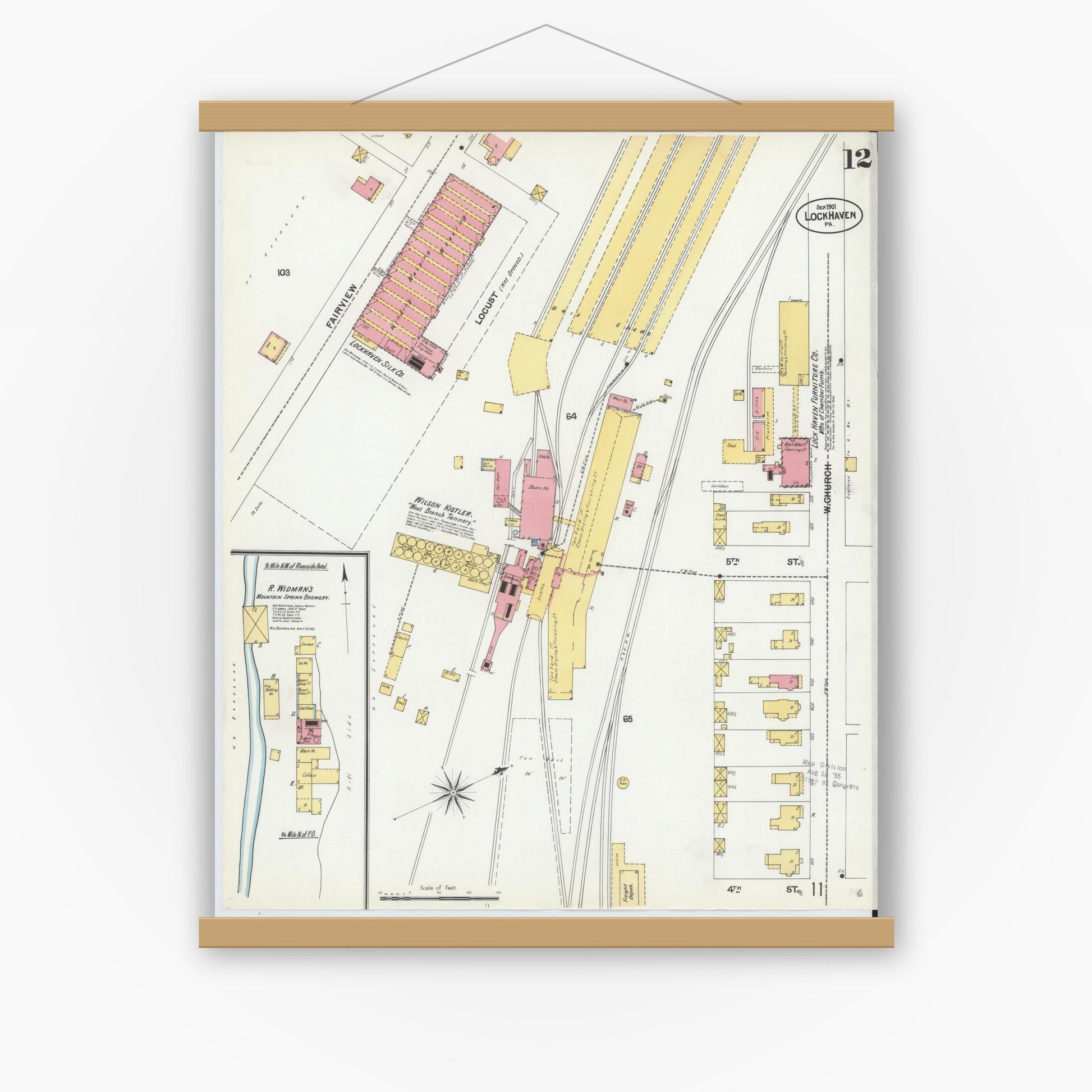Old map wall art mockup — magnetic wood frame on white wall — Sanborn Fire Insurance Map from Lock Haven, Clinton County, Pennsylvania (1901), Sheet #0012