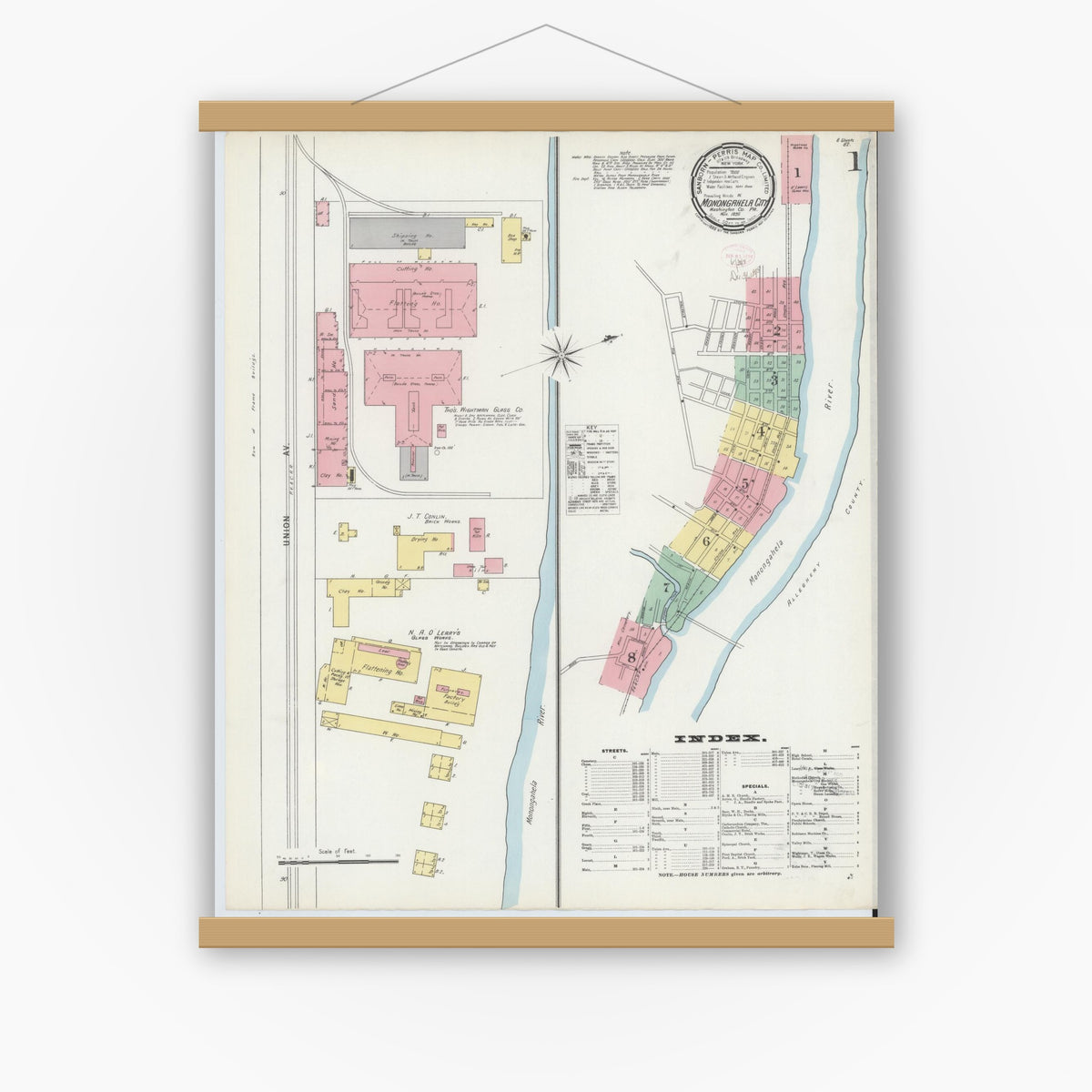 Old map wall art mockup — magnetic wood frame on white wall — Sanborn Fire Insurance Map from Monongahela City, Washington County, Pennsylvania (1895) - Complete Map Set