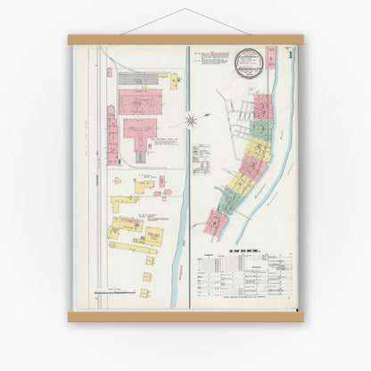 Old map wall art mockup — magnetic wood frame on white wall — Sanborn Fire Insurance Map from Monongahela City, Washington County, Pennsylvania (1895) - Complete Map Set