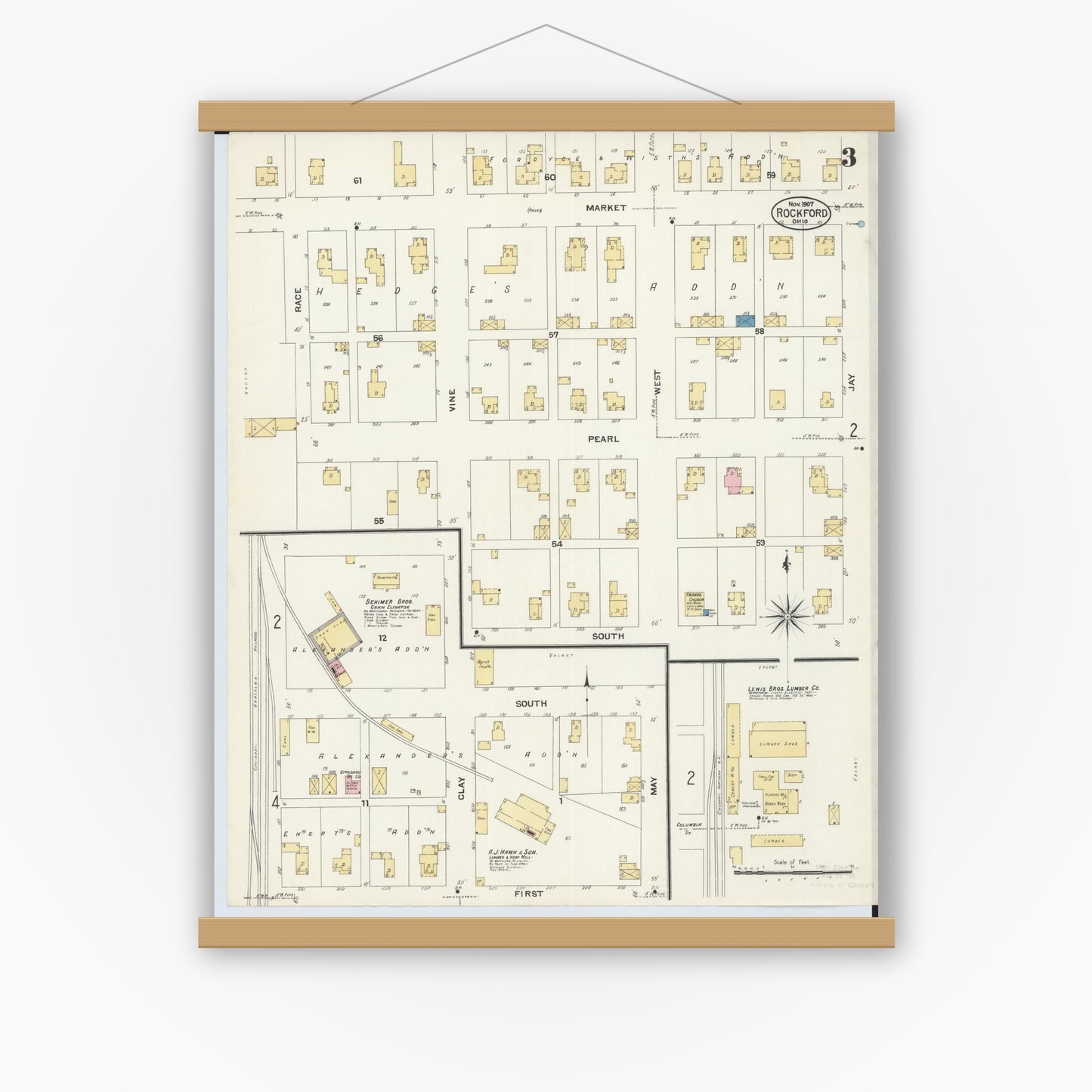 Old map wall art mockup — magnetic wood frame on white wall — Sanborn Fire Insurance Map from Rockford, Mercer County, Ohio (1907), Sheet #0003