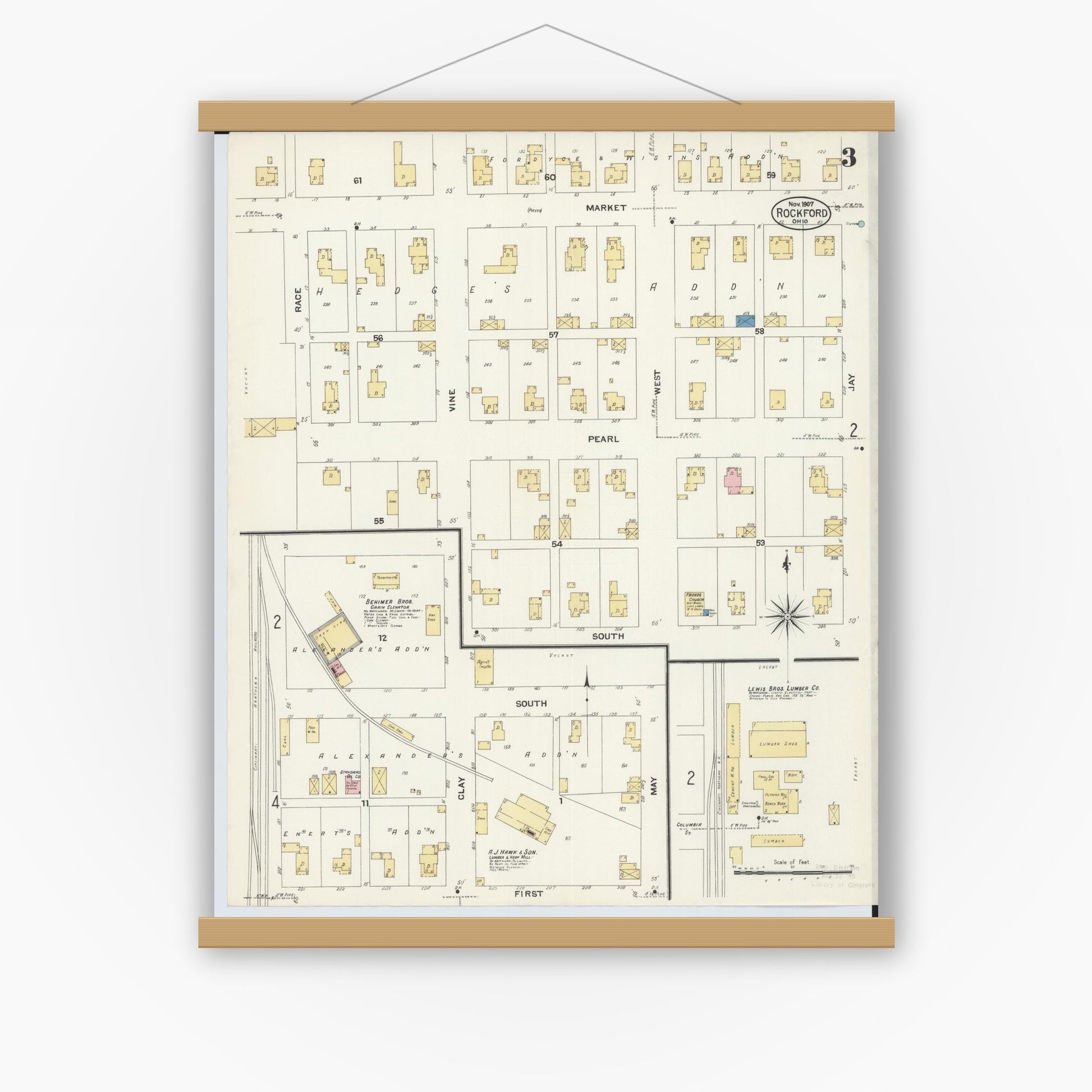 Old map wall art mockup — magnetic wood frame on white wall — Sanborn Fire Insurance Map from Rockford, Mercer County, Ohio (1907), Sheet #0003