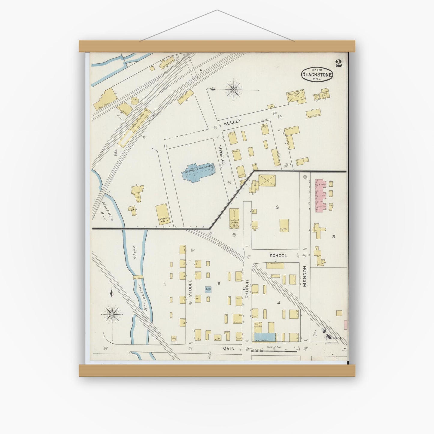 Old map wall art mockup — magnetic wood frame on white wall — Sanborn Fire Insurance Map from Blackstone, Worcester County, Massachusetts (1893), Sheet #0002