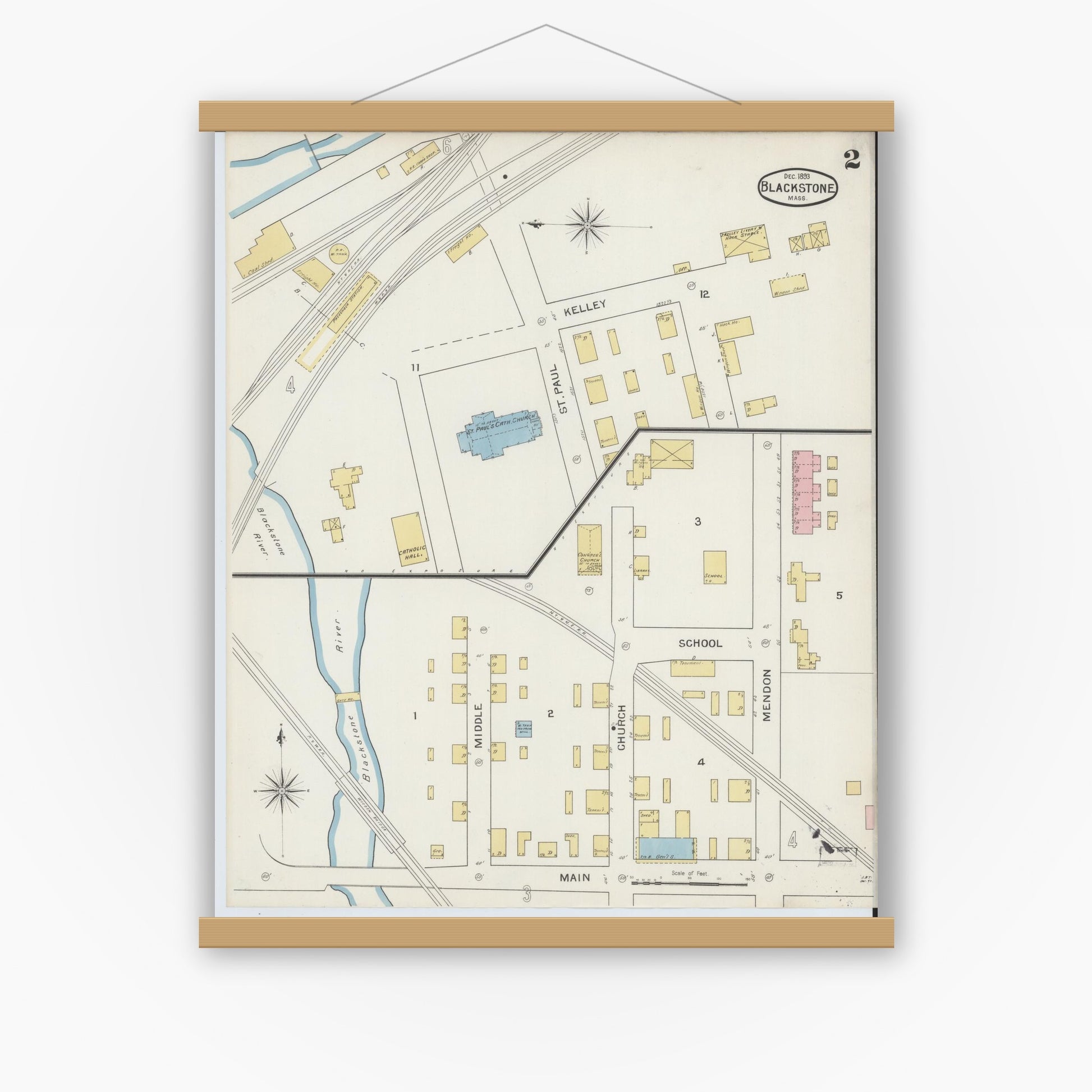 Old map wall art mockup — magnetic wood frame on white wall — Sanborn Fire Insurance Map from Blackstone, Worcester County, Massachusetts (1893), Sheet #0002