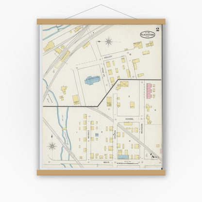 Old map wall art mockup — magnetic wood frame on white wall — Sanborn Fire Insurance Map from Blackstone, Worcester County, Massachusetts (1893), Sheet #0002