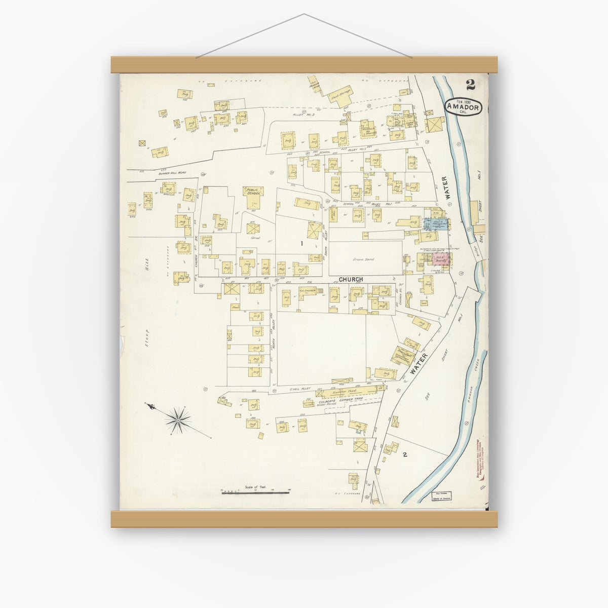 Old map wall art mockup — magnetic wood frame on white wall — Sanborn Fire Insurance Map from Amador, Amador County, California (1890), Sheet #0002