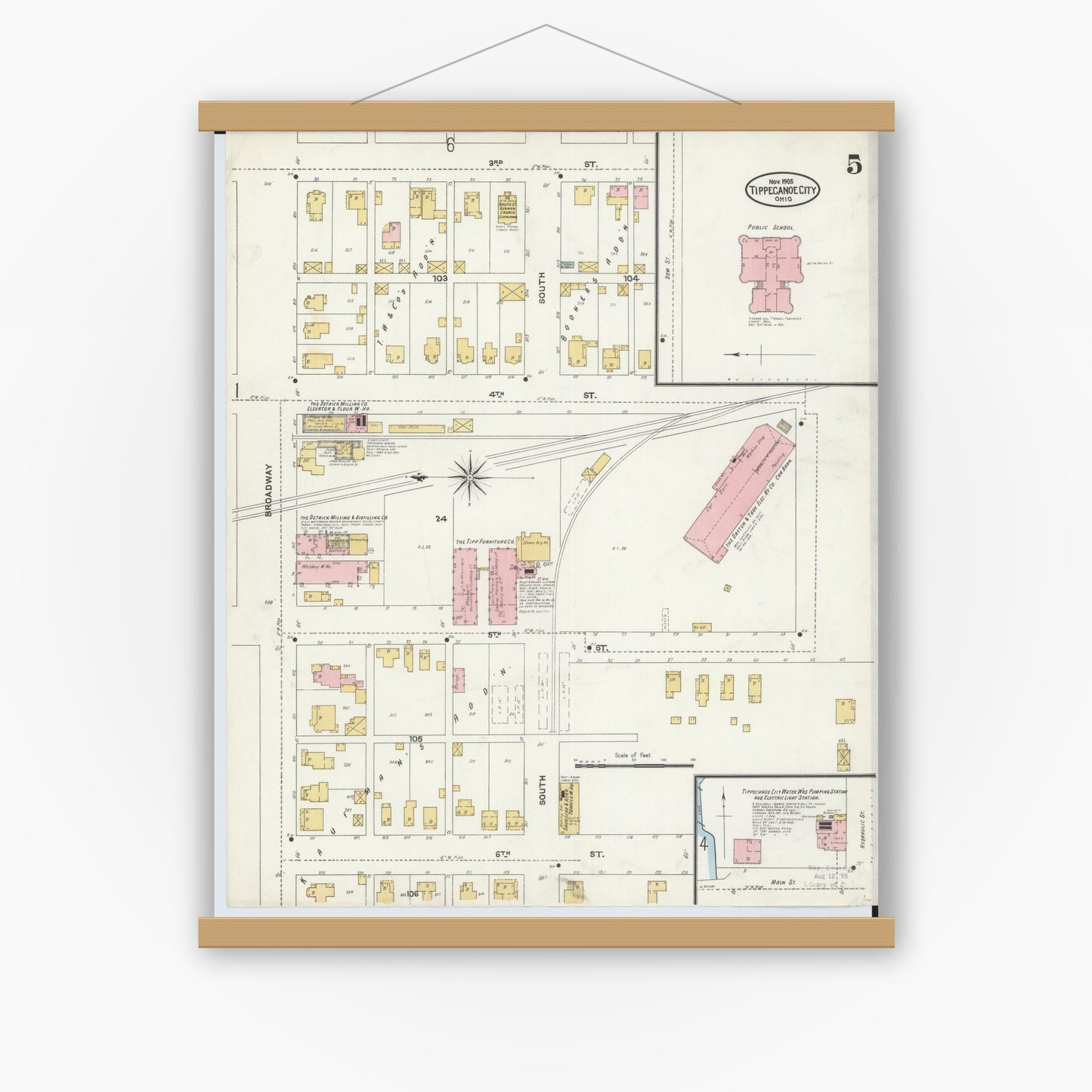 Old map wall art mockup — magnetic wood frame on white wall — Sanborn Fire Insurance Map from Tipp City, Miami County, Ohio (1905), Sheet #0005