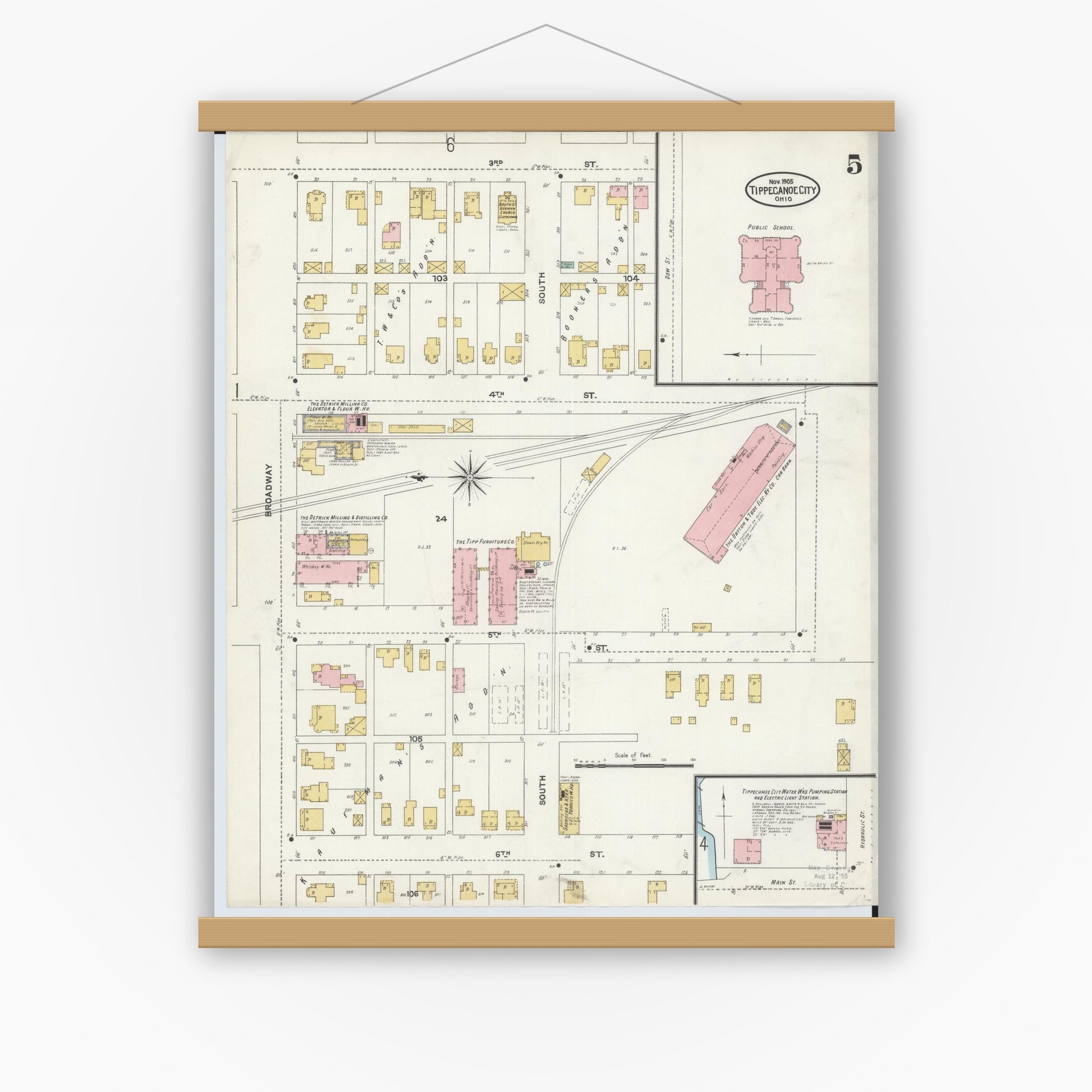 Old map wall art mockup — magnetic wood frame on white wall — Sanborn Fire Insurance Map from Tipp City, Miami County, Ohio (1905), Sheet #0005